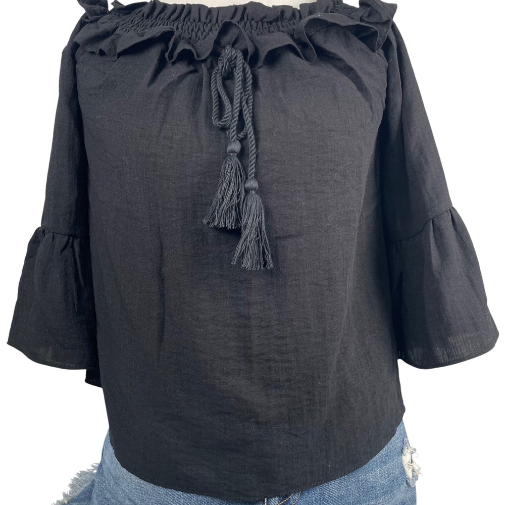 My Tribe Knitwear Black Off Shoulder Tassel Ruffle Bell Sleeve Top MTT056 S
